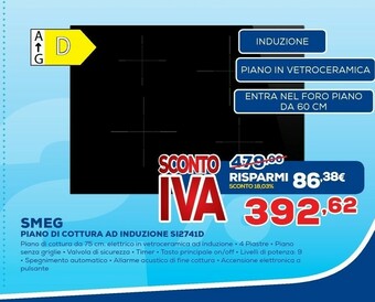 Euronics Smeg SI2741D Piano Cottura Nero Da Incasso 75 Cm A Induzione offerta