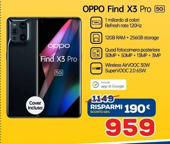 Euronics Oppo Find X3 Pro Smartphone 5G, Qualcomm 888, Display 6.7''QHD+AMOLED 120Hz, 4 Fotocamere 2*50MP, RAM 12GB+ROM 256GB, 4500mAh offerta