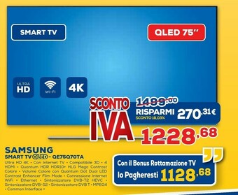 Euronics Samsung QE75Q70TAT 190,5 Cm (75") 4K Ultra HD Smart TV Wi-Fi Nero offerta