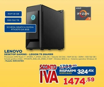 Euronics Lenovo Legion T5 26AMR5 DDR4-SDRAM 3700X Tower 3rd Generation AMD Ryzen 7 16 GB 512 GB SSD Windows 10 Home PC Nero offerta
