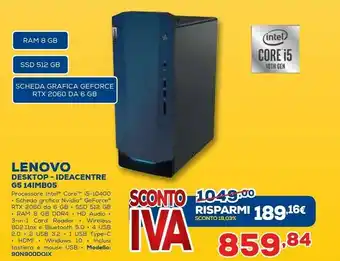 Euronics Lenovo IdeaCentre G5 14IMB05 DDR4-SDRAM I5-10400F Tower Intel® Core™ I5 Di Decima Generazione 8 GB 512 GB SSD Windows 10 Home offerta