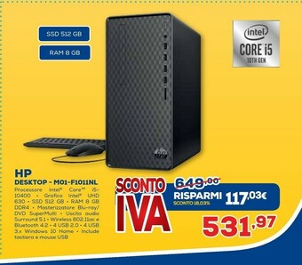 Euronics HP M01-F1011nl DDR4-SDRAM I5-10400 Mini Tower Intel® Core™ I5 Di Decima Generazione 8 GB 512 GB SSD Windows 10 Home PC Nero offerta
