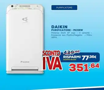 Euronics Daikin MC55W Purificatore 53 DB Bianco 37 W offerta