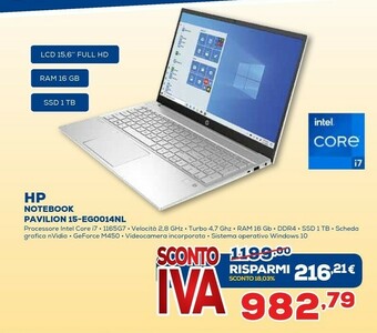 Euronics HP Pavilion 15-eg0014nl DDR4-SDRAM Computer Portatile 39,6 Cm (15.6") 1920 X 1080 Pixel Intel® Core™ I7 Di Undicesima Generaz offerta