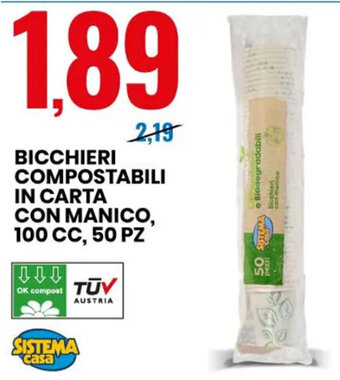 Eurospin BICCHIERI COMPOSTABILI IN CARTA CON MANICO, 100 CC, 50 PZ offerta