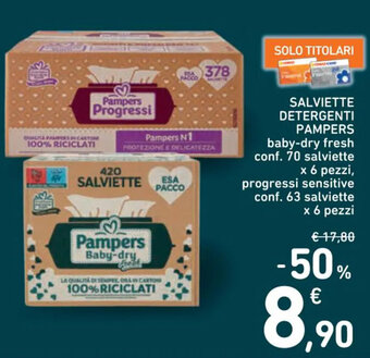 SALVIETTE DETERGENTI PAMPERS baby-dry fresh conf. 70 salviette x 6 pezzi, progressi sensitive conf. 63 salviette x 6 pezzi