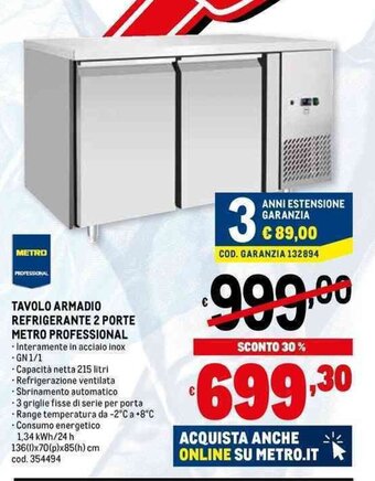 Metro TAVOLO ARMADIO REFRIGERANTE 2 PORTE METRO PROFESSIONAL offerta