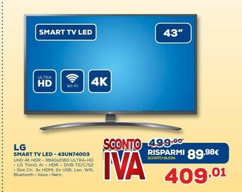 Euronics LG 43UN74003LB TV 109,2 Cm (43") 4K Ultra HD Smart TV Wi-Fi Argento offerta