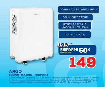 Euronics Argo Deumidificatore DRYPUR13 offerta