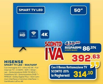 Euronics Hisense A7100F 50A7120F TV 127 Cm (50") 4K Ultra HD Smart TV Wi-Fi Nero offerta