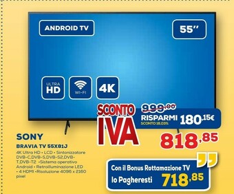 Euronics Sony BRAVIA KD55X81J - Smart Tv 55 Pollici, 4k Ultra HD LED, HDR, Con Google TV (Nero, Modello 2021) offerta