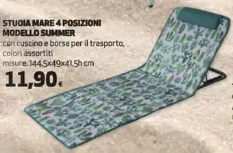 Ipercoop STUOIA MARE 4 POSIZIONI MODELLO SUMMER con cuscino e borsa per il trasporto, colori assortiti misure: 144.5x49x41,5h cm offerta