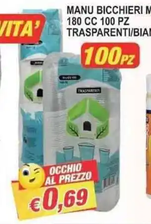MANU BICCHIERI MONOUSO 180 CC 100 PZ TRASPARENTI/BIANCHI
