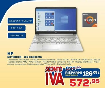 Euronics HP 15s-eq2007nl Computer Portatile 39,6 Cm (15.6") Full HD AMD Ryzen 7 8 GB DDR4-SDRAM 512 GB SSD Wi-Fi 5 (802.11ac) Windows offerta