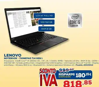 Euronics Lenovo ThinkPad E15 I5-10210U Computer Portatile 39,6 Cm (15.6") 1920 X 1080 Pixel Intel® Core™ I5 Di Decima Generazione 16 G offerta