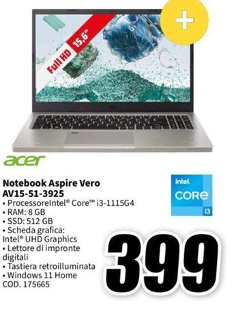 MediaWorld acer Notebook Aspire Vero AV15-51-3925 offerta