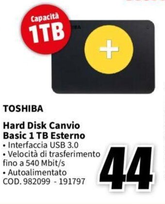 MediaWorld TOSHIBA Hard Disk Canvio Basic 1 TB Esterno offerta