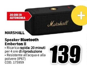 MediaWorld MARSHALL Speaker Bluetooth Emberton II offerta