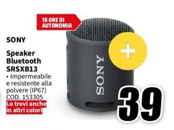 MediaWorld SONY Speaker Bluetooth SRSXB13 offerta
