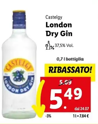 Lidl Castelgy London Dry Gin 0,7L bottiglia offerta