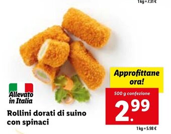 Lidl Rollini dorati di suino con spinaci 500 g confezione offerta