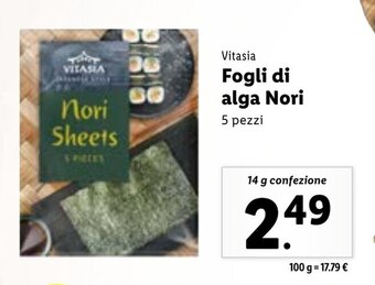 Lidl Vitasia Fogli di alga Nori 5 pezzi 14 g confezione offerta