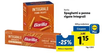Lidl Barilla Spaghetti o penne rigate integrali 500 g confezione offerta