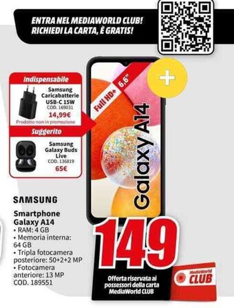 MediaWorld SAMSUNG Smartphone Galaxy A14 offerta
