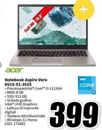MediaWorld acer Notebook Aspire Vero AV15-51-3925 offerta
