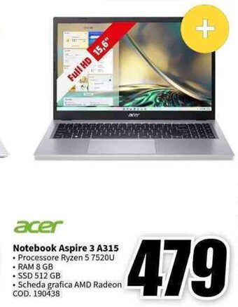 MediaWorld acer Notebook Aspire 3 A315 offerta