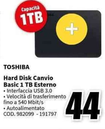 MediaWorld TOSHIBA Hard Disk Canvio Basic 1 TB Esterno offerta