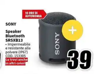 MediaWorld SONY Speaker Bluetooth SRSXB13 offerta