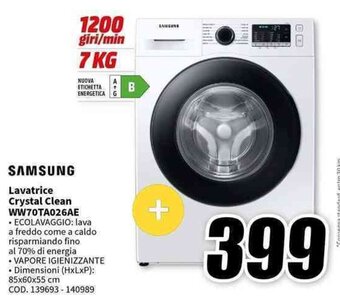 MediaWorld SAMSUNG Lavatrice Crystal Clean WW70TA026AE offerta