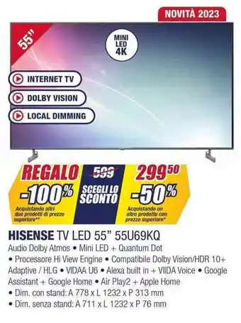 Trony HISENSE TV LED 55" 55U69KQ offerta