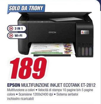 Trony EPSON MULTIFUNZIONE INKJET ECOTANK ET-2812 offerta