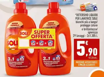 Conad City DETERSIVO LIQUIDO PER LAVATRICE SOLE 29 lavaggi - 2x1,305 L offerta