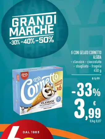 Spazio Conad 6 CONI GELATO CORNETTO ALGIDA - classico - cioccolato - sbagliato - fragola 450 g offerta