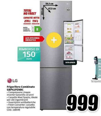 MediaWorld LG Frigorifero Combinato GBP62PZNBC offerta