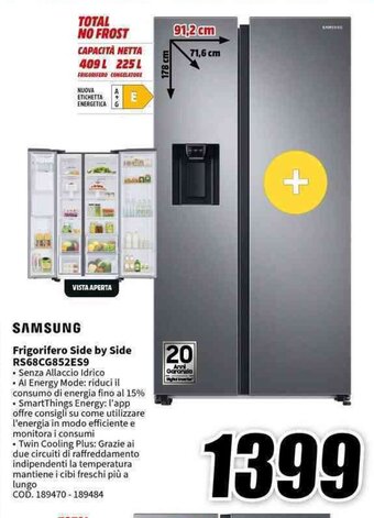 MediaWorld SAMSUNG Frigorifero Side by Side RS68CG852ES9 offerta