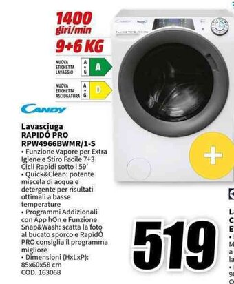 MediaWorld CANDY Lavasciuga RAPIDÓ PRO RPW4966BWMR/1-S offerta