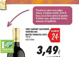 Coop Vino Cabernet Sauvignon Trentino Doc Sconto Mastri Vernacoli Cavit offerta