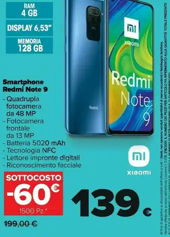 Carrefour Xiaomi Smartphone Redmi Note 9 offerta