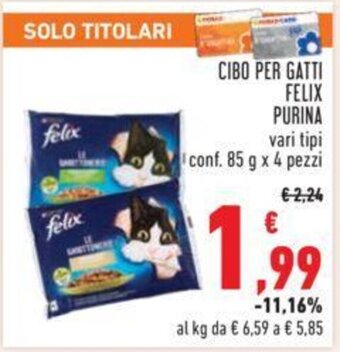 Conad CIBO PER GATTI FELIX PURINA vari tipi conf. 85 g x 4 pezzi offerta