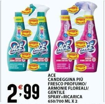 Sisa ACE CANDEGGINA PIÙ FRESCO PROFUMO/ ARMONIE FLOREALI/ GENTILE SPRAY+RICARICA 650/700 ML X 2 offerta