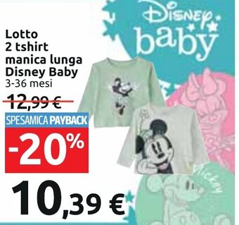 Carrefour Lotto 2 tshirt manica lunga Disney Baby 3-36 mesi offerta
