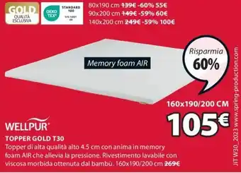 JYSK WELLPUR TOPPER GOLD T30 160x190/200 cm offerta