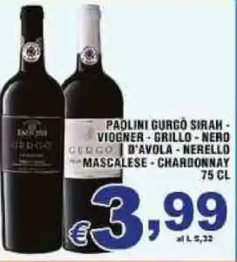 PAOLINI GURGO SIRAH - VIOGNER GRILLO-NERO TURCO CURCO D'AVOLA-NERELLO MASCALESE CHARDONNAY 75 CL