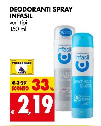 Tigros DEODORANTI SPRAY INFASIL vari tipi 150 ml offerta