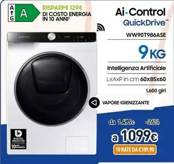 Unieuro Samsung WW90T986ASE Lavatrice Libera Installazione Caricamento Frontale 9 Kg 1600 Giri/min A Nero, Bianco offerta