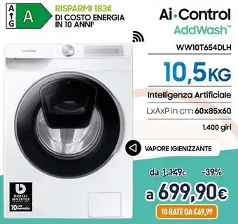 Unieuro Samsung WW10T654DLH Lavatrice 10kg AddWash Ai Control Libera Installazione Caricamento Frontale 1400 Giri/min Bianco offerta